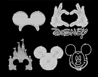 May include: Digital template for rhinestone designs featuring Mickey Mouse ears, a castle, Mickey Mouse head, and hands forming a heart with the word "DISNEY" in rhinestones.