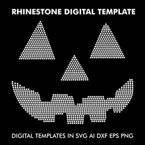 Könnte beinhalten: Eine digitale Vorlage für ein Strass-Kürbisgesicht. Das Design zeigt ein lächelndes Kürbisgesicht mit zwei dreieckigen Augen und einem breiten, geschwungenen Mund. Das Design besteht aus kleinen weißen Kreisen.