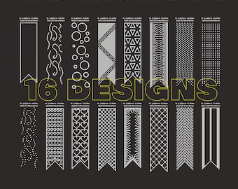 May include: A digital template for 16 rhinestone designs. The designs are shown in black and white on a black background. The designs include various patterns, such as dots, hearts, waves, and geometric shapes. The text "16 DESIGNS" is in yellow and white. The text "DIGITAL TEMPLATES IN SVG AI DXF EPS PNG" is in white.