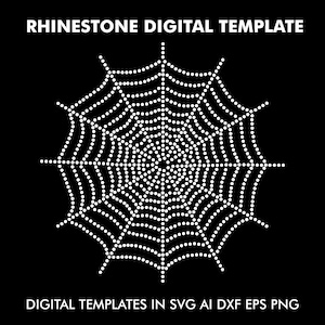 Op de afbeelding: Een wit digitaal sjabloon van een spinnenwebontwerp op een zwarte achtergrond. De tekst "RHINESTONE DIGITAL TEMPLATE" staat bovenaan en "DIGITAL TEMPLATES IN SVG AI DXF EPS PNG" onderaan.