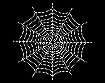 May include: A white rhinestone digital template of a spider web design on a black background. The text "RHINESTONE DIGITAL TEMPLATE" is at the top, and "DIGITAL TEMPLATES IN SVG AI DXF EPS PNG" is at the bottom.