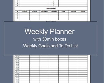 Planificador semanal simple: horario de 30 minutos + objetivos y lista de tareas pendientes