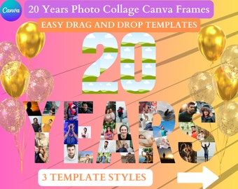 20 Years Number Photo Collage Frames. Make Your Own Unique Photo Collage in Canva. For Birthday and Anniversary Memories