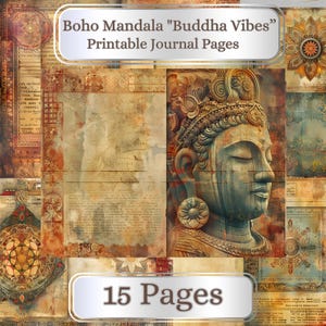 Mandala boho "Vibraciones de Buda". 15 páginas de diario en acuarela. Tarjetería, decoupage, imprimible. Carta estadounidense. Diario de meditación y atención plena