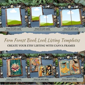 Fern Forest Vintage Book Look Etsy Listing Template for Journal Page Creators. Canva Frame Listing Mockup.  Cover, Double & Individual Pages