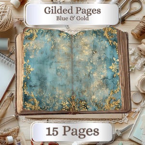 15 pagine. Carta da parati vintage francese blu e oro, carta digitale Shabby Chic Junk Journal, 11 x 8,5", diario stampabile, creazione di biglietti