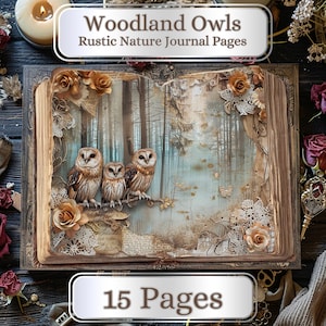 15 páginas. Woodland Owl. Digital Junk Journal Pages, Rustic Nature, 11 x 8,5", Diário para impressão, Scrapbooking, Shabby, Colagem