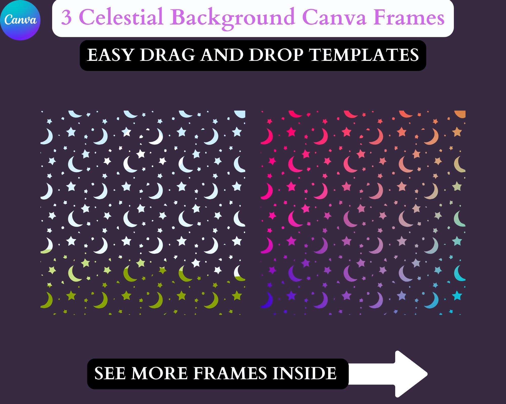 Celestial Sun & Moon. 3 Canva Frames. Fill Your Own Design in Canva ...