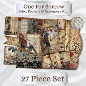 One For Sorrow Folio Kit. 27-teiliges Set bestehend aus Bases, Pockets, Karten, Tags & Ephemera. Viktorianisch-Gothic, 30 x 22 cm