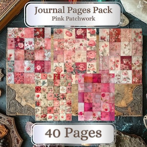 Könnte beinhalten: Ein Pack mit 40 pinkfarbenen Patchwork-Journalseiten. Die Seiten bestehen aus Stoff und zeigen verschiedene florale Muster. Das Pack ist mit "Journal Pages Pack Pink Patchwork" beschriftet.