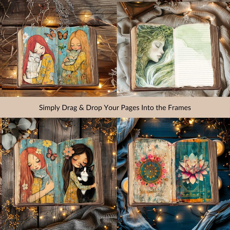 May include: Four open vintage book covers with different illustrations. The first cover features two girls with cats, the second cover features a woman with flowing hair, the third cover features two girls with cats, and the fourth cover features a mandala and a lotus flower.