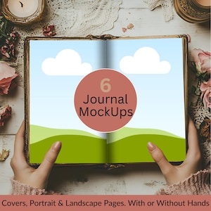 Puede incluir: Una maqueta de un diario con una cubierta marrón y páginas blancas. El diario está abierto en una página con un paisaje verde y un cielo azul con nubes. El texto "6 Journal MockUps" está en la página en un círculo rojo.