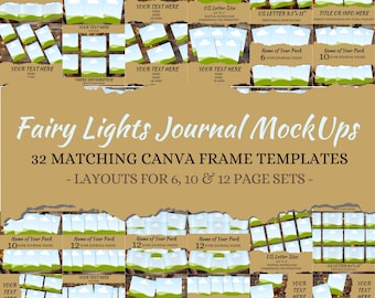 May include: Thirty-two Canva frame templates for junk journals. The templates feature a fairy light background with a blue sky and green grass. The templates are available in 6, 10, and 12 page sets.