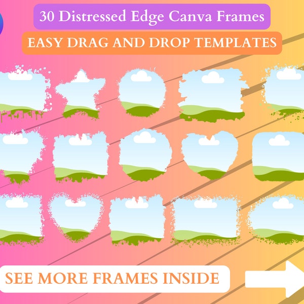 Distressed Edge Canva Frames. 30 Bleach Effect Frames. Fill Your Own Design In Canva. Editable Drag and Drop Frames.