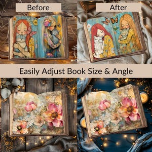 May include: Two watercolor illustrations of girls with cats inside an open book. The book has a vintage, aged look with floral designs and text on the pages. The illustrations are surrounded by a rustic wooden frame.