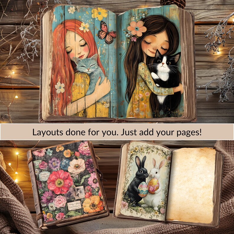 May include: Two vintage-style journals with floral and animal illustrations. The first journal has a floral design with a cat and a girl. The second journal has a bunny and a girl with a cat.