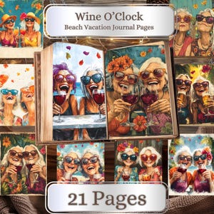 Wine O'Clock Beach Vacation Journal-pagina's. 21 pagina's. Grappige oude dames, glamoureuze oma's, vriendschap, vakantieviering, afdrukbare pagina's