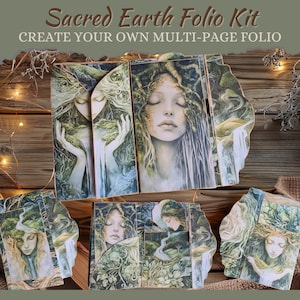 May include: A multi-page folio kit with a nature theme. The kit features images of a woman with flowing hair and a forest background. The text "Sacred Earth Folio Kit" and "Create Your Own Multi-Page Folio" is printed on the top of the image.