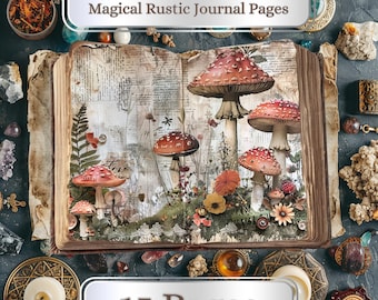 May include: An open book with 15 pages featuring a collage of vintage paper, lace, and illustrations of red and white mushrooms in a forest setting. The book is surrounded by various decorative objects, including crystals, a compass, and a candle.