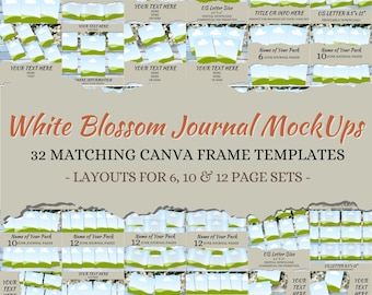 May include: A digital product mockup featuring 32 Canva frame templates for creating journal covers. The templates feature a white blossom design with green hills and blue skies. The text "White Blossom Journal MockUps" is displayed in a large font at the top of the image. The text "32 MATCHING CANVA FRAME TEMPLATES" is displayed below the title. The text "LAYOUTS FOR 6, 10 & 12 PAGE SETS" is displayed below the previous text.