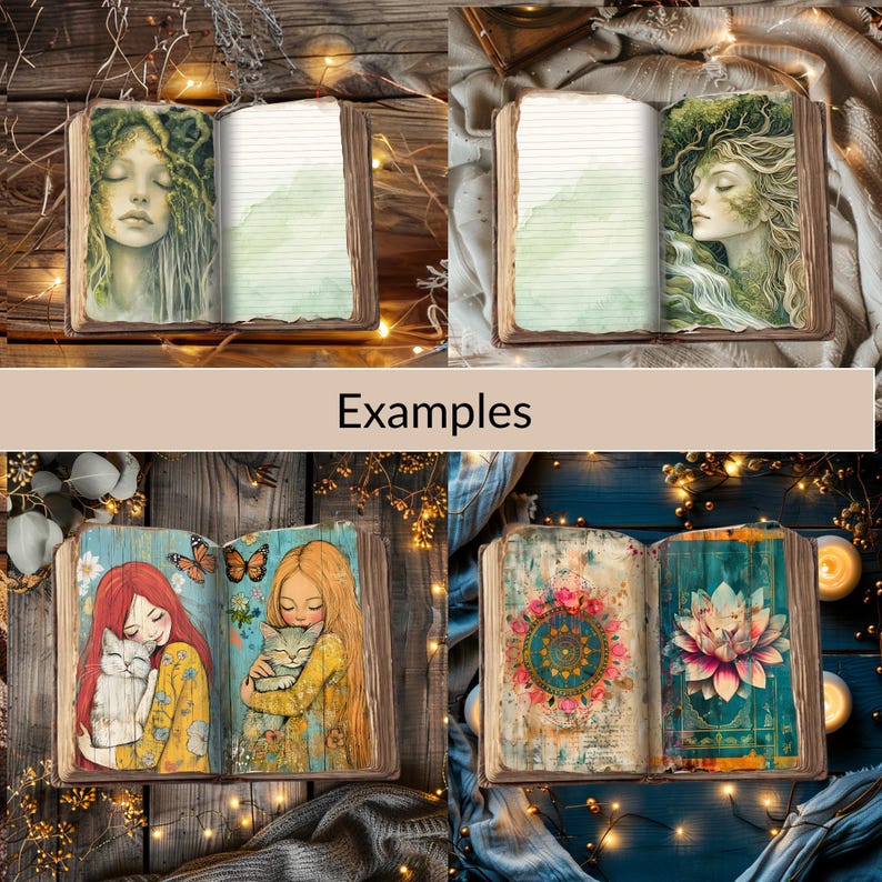 May include: Four examples of vintage-style journals with different designs. The first two journals feature a watercolor illustration of a woman with flowing hair and leaves. The third journal features a watercolor illustration of two girls holding cats. The fourth journal features a mandala design and a lotus flower.