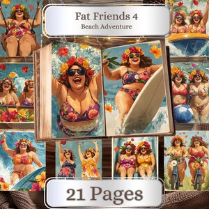 Fat Friends 4 pages de carnet d'aventures sur la plage. 21 pages. Positivité corporelle, Amitié entre femmes, Célébration de vacances amusantes, Pages imprimables