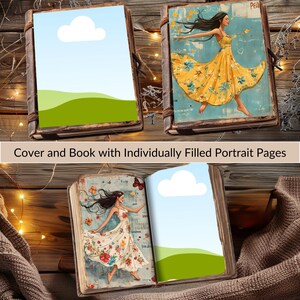 May include: A vintage-style book with a brown leather cover and a white cloud on the front. The book is open to a page with a colorful illustration of a woman in a floral dress and a white cloud on the right page. The text "Peace, Love, Kindness" is visible on the left page.