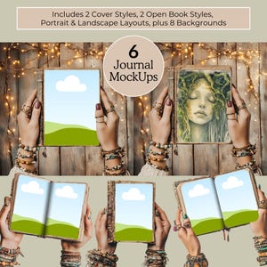 May include: Six journal mockups featuring different cover and open book styles. The mockups are held by hands with bracelets and rings. The background is a rustic wooden wall with string lights.