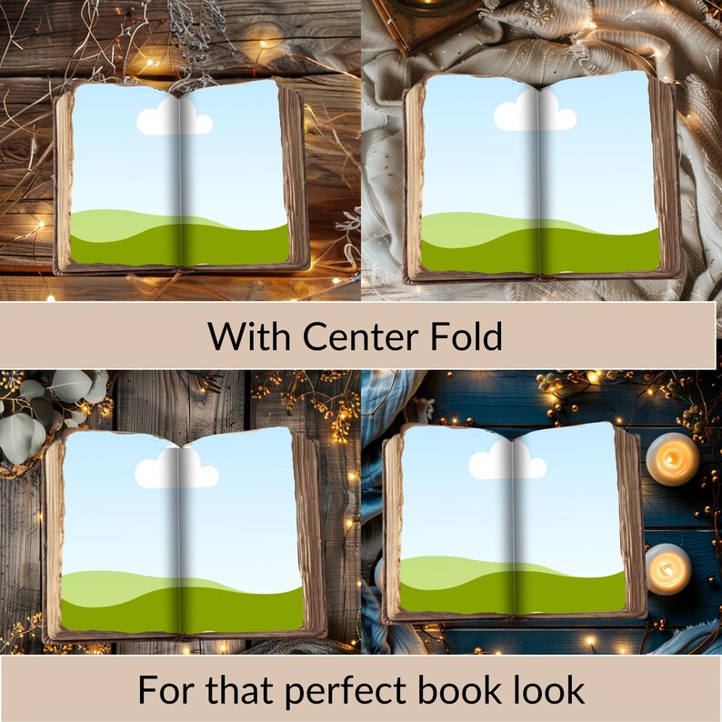 May include: Two open books with a blue sky and green hills illustration inside. The books are on a wooden surface with string lights. The text "With Center Fold" is below the books. The text "For that perfect book look" is below the second set of books.