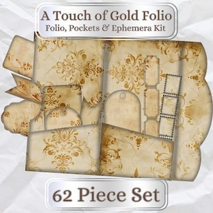 Une touche d'or. Kit folio floral doré neutre.  Ensemble de 62 pièces comprenant des socles, des pochettes, des cartes, des étiquettes et des éphémères. Bonus 6 pages de journal complètes.