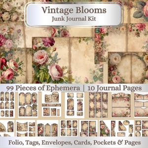 Vintage Blooms.  Shabby Chic Junk Journal Kit. Journal Pages & Ephemera. 11 x 8.5&quot;, Printable Journal Kit.