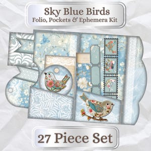 Kit met geborduurde vogels in hemelsblauw. 27-delige set inclusief bodems, zakjes, kaarten, labels en ephemera. Knutselpakket, dagboek, 11 x 8,5",