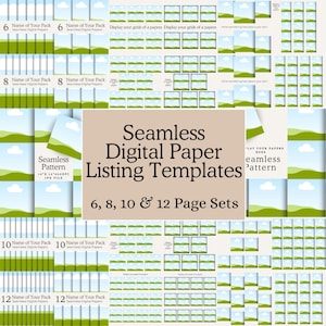 Può includere: Un modello di elenco di carta digitale con un design di paesaggio verde e blu. Il modello include set di 6, 8, 10 e 12 pagine.  "Metti i tuoi fogli qui" e "Motivo senza cuciture" sono scritti sul modello.