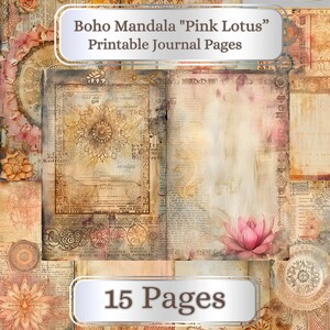 Mandala boho "Loto rosa". 15 páginas de diario en acuarela. Tarjetería, decoupage, imprimible. Carta estadounidense. Diario de meditación y atención plena