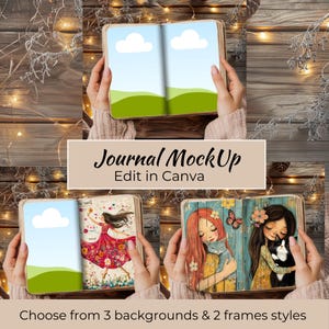 Journal Page MockUp. Hands Holding a Shabby Journal. Landscape & Portrait Canva Frames. 3 Backgrounds Included. Perfect for Etsy Sellers