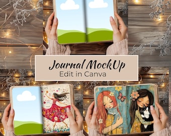 May include: A mockup of a journal with a wood background and a light brown cover. The journal is open to a blank page with a green field and clouds drawn on it. The text "Journal MockUp Edit in Canva" is displayed on a brown rectangle. The text "Choose from 3 backgrounds & 2 frames styles" is displayed at the bottom of the image.