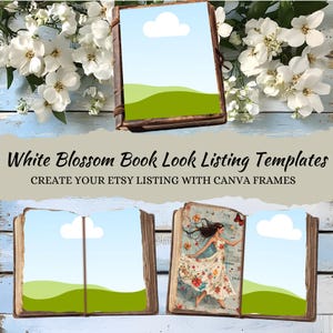 White Blossom Book Look Etsy Listing Template for Journal Page Creators. Canva Frame Listing Mockup.  Cover, Double & Individual Pages