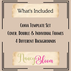 May include: A Canva template set for social media, featuring a cover, double and individual frames, and four different backgrounds. The text "What's Included", "CANVA TEMPLATE SET", "COVER, DOUBLE & INDIVIDUAL FRAMES", "4 DIFFERENT BACKGROUNDS", and "Nancy Bloom" is displayed on a vintage-style parchment background.
