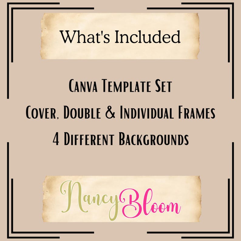 May include: A Canva template set for social media, featuring a cover, double and individual frames, and four different backgrounds. The text "What's Included", "CANVA TEMPLATE SET", "COVER, DOUBLE & INDIVIDUAL FRAMES", "4 DIFFERENT BACKGROUNDS", and "Nancy Bloom" is displayed on a vintage-style parchment background.