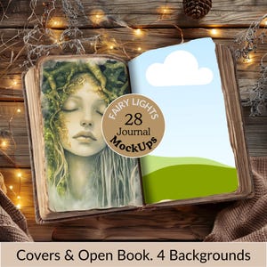 Fairy Lights Journal Canva Frame Listing Mockup. Cover, Double & Individual Pages. 4 Backgrounds Included. Adjust Book Size and Angle,