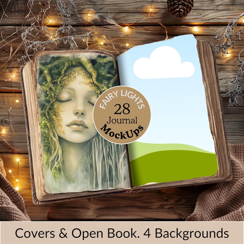 May include: A vintage book with a fairy illustration on the left page and a green landscape on the right page. The book is open and has a brown leather cover. The book is surrounded by fairy lights and a wooden background. The book has a label that says "Fairy Lights 28 Journal MockUps".