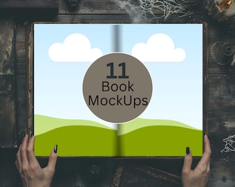 May include: An open book mockup with a brown circle that says "11 Book MockUps" on a blue and green background. The book is open to a landscape page with a green hill and white clouds. Two hands are holding the book open.