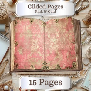 15 páginas. Padrão de papel de parede francês vintage rosa e dourado, papel digital Shabby Chic Junk Journal, 11 x 8,5", capas de diário, fabricação de cartões