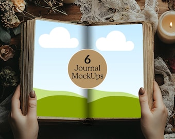 May include: An open book with a brown background and a blue sky with clouds. The book has a brown circle with the text "6 Journal MockUps" in black text. The book is being held open by two hands.
