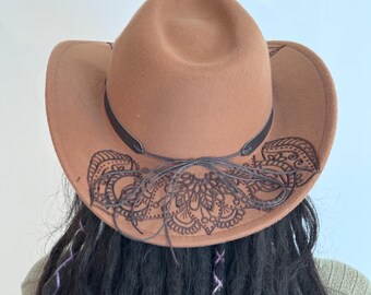 Hand designed western hat. Concert festival rodeo Custom Hand Burned Wide Brim Fedora Hat | Eric Church  main image 4