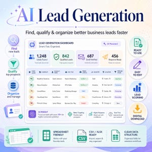 Modello per la generazione di lead tramite IA / Foglio di calcolo per l'elenco di potenziali clienti / Excel e Google Sheets per l'assegnazione di punteggi ai lead / Download digitale in formato CSV/XLSX