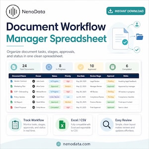 Document Workflow Manager Spreadsheet | Document Tracker Excel Template | Approval Tracking CSV | Business Planner