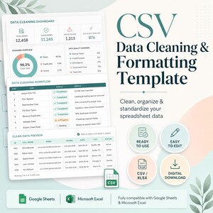 Könnte beinhalten: Eine digitale Vorlage zur Bereinigung und Formatierung von CSV-Daten mit einem Dashboard, einer Workflow-Tabelle und einer Datenvorschau. Der Text enthält 'CSV Data Cleaning & Formatting Template', 'Ready to use', 'Easy to edit' und 'Digital download'.