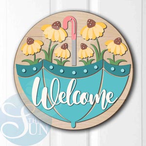 Floral Umbrella Welcome Sign Svg, Spring Umbrella Door Hanger Svg, Glowforge Laser Cut Files, Spring Welcome Sign Svg, Flower Svg, Cricut