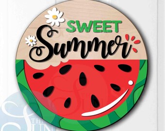 Sweet Summer Watermelon Door Hanger SVG, Summer Welcome Sign, Layered Round Sign SVG, Watermelon Sign, Glowforge Laser File, Door Hanger Svg